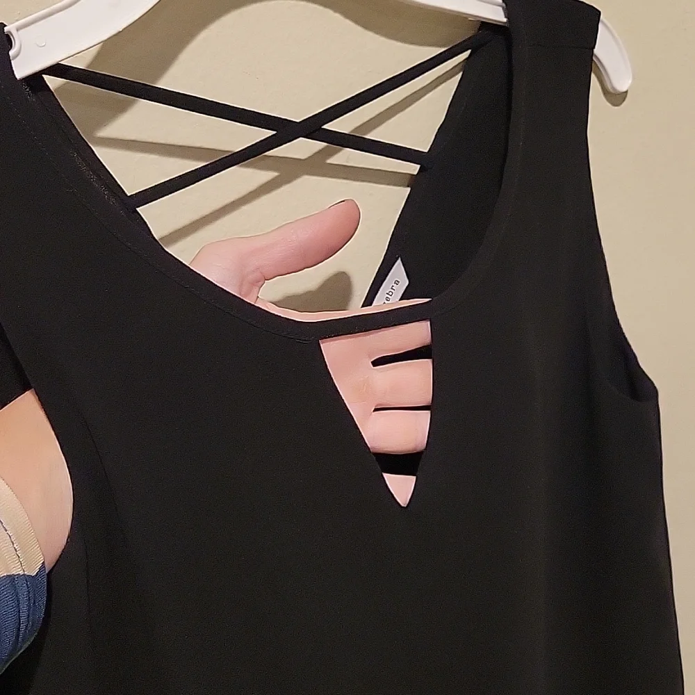 Naked Zebra Black Sleeveless Embroidered V-Neck Tank with Cross-Back Straps